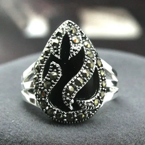 11*14Mm Nuovo Intarsio Nero Gemme Di Giada Naturale Marcasite 925 Sterling Silver Ring Size 7/8/ 9/10