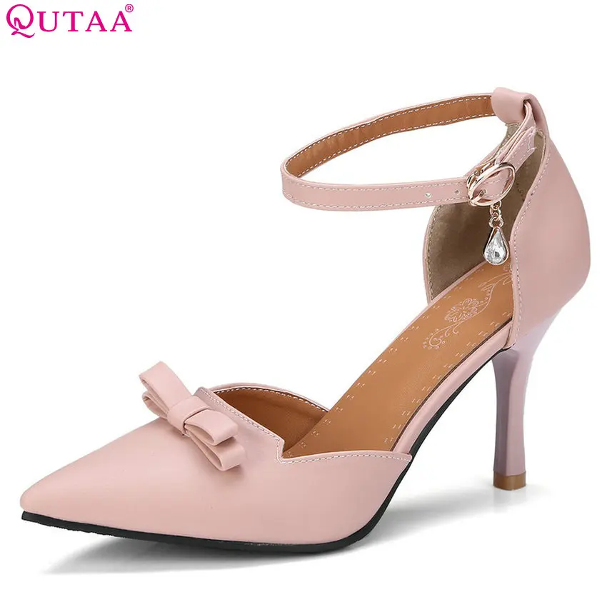 

QUTAA 2018 Women Pumps Bow Tie Fashion Women Shoes Platform Buckle All Match Casual Pointed Toe Women Wedding Pumps Size 34-43