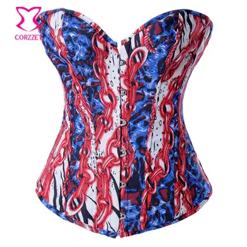

Corzzet Women Denim Corset Waist slimming Push Up Overbust Sexy Lingerie Rainbow Print Gothic Tight Lacing Bustier