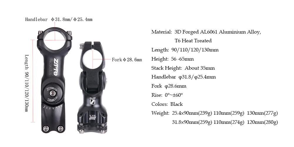 ZTTO Запчасти для велосипеда MTB дорожный городской велосипед Регулируемый Стержень 31,8 мм 25,4 мм 60 стояк 90 110 130 мм Fiting для XC