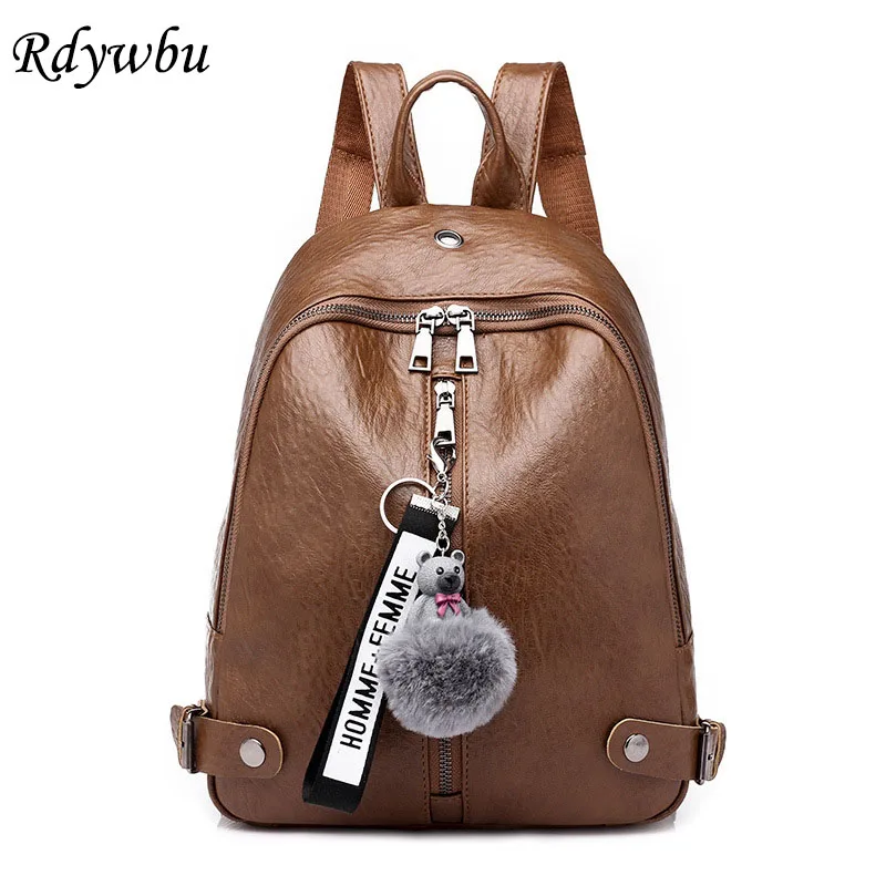 

Rdywbu Waterproof PU Leather Backpack With Pompon Pendant New Girls Vintage School Bag Large Capacity Travel Bag Mochilas B317