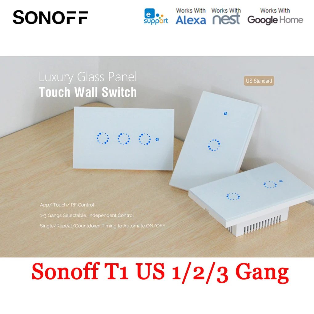 Sonoff T1 US 1/2/3 Gang Smart Touch выключатель света AC 90 V-250 V смарт переключатель Wi-Fi РФ дистанционного Управление синхронизации обратного отсчета
