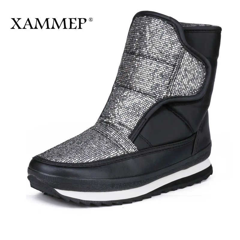 Xammep/женская зимняя обувь Высококачественная Брендовая женская обувь больших размеров теплые женские зимние ботинки из плюша и шерсти ботинки до середины икры - Цвет: Silver