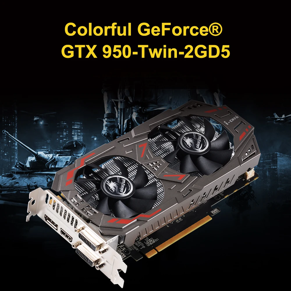 Красочная GTX950-Twin-2GD5 видеокарта 128 бит 6600 МГц GDDR5 DP+ HD+ DVI PCI-E X16(3,0)(б/у