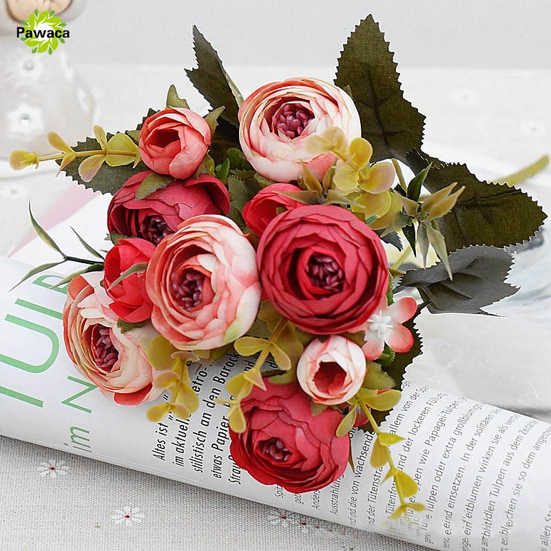 

Pawaca Beautiful Festive Party Artificial Silk Fake Tea Rose Flowers Leaf Peony Floral Bouquet Flower Leaf Home Party Decoration