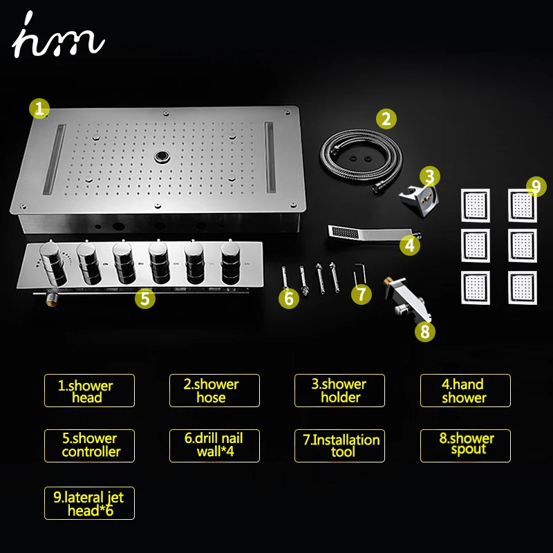 Hm консилер светодиодный Термостатический смеситель для душа SUS304 со встроенным потолком светодиодный Лейка для душа 380x700 мм дождевой туман носик 4 ''корпус струи
