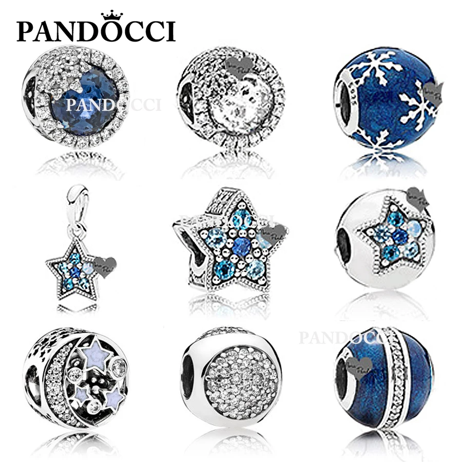 

PANDOCCI NEW Winter Blue Enamel Snowflake 100% 925 Sterling Silver Pan Charm Bead Blue moon Fit Bracelet DIY Jewelry Making
