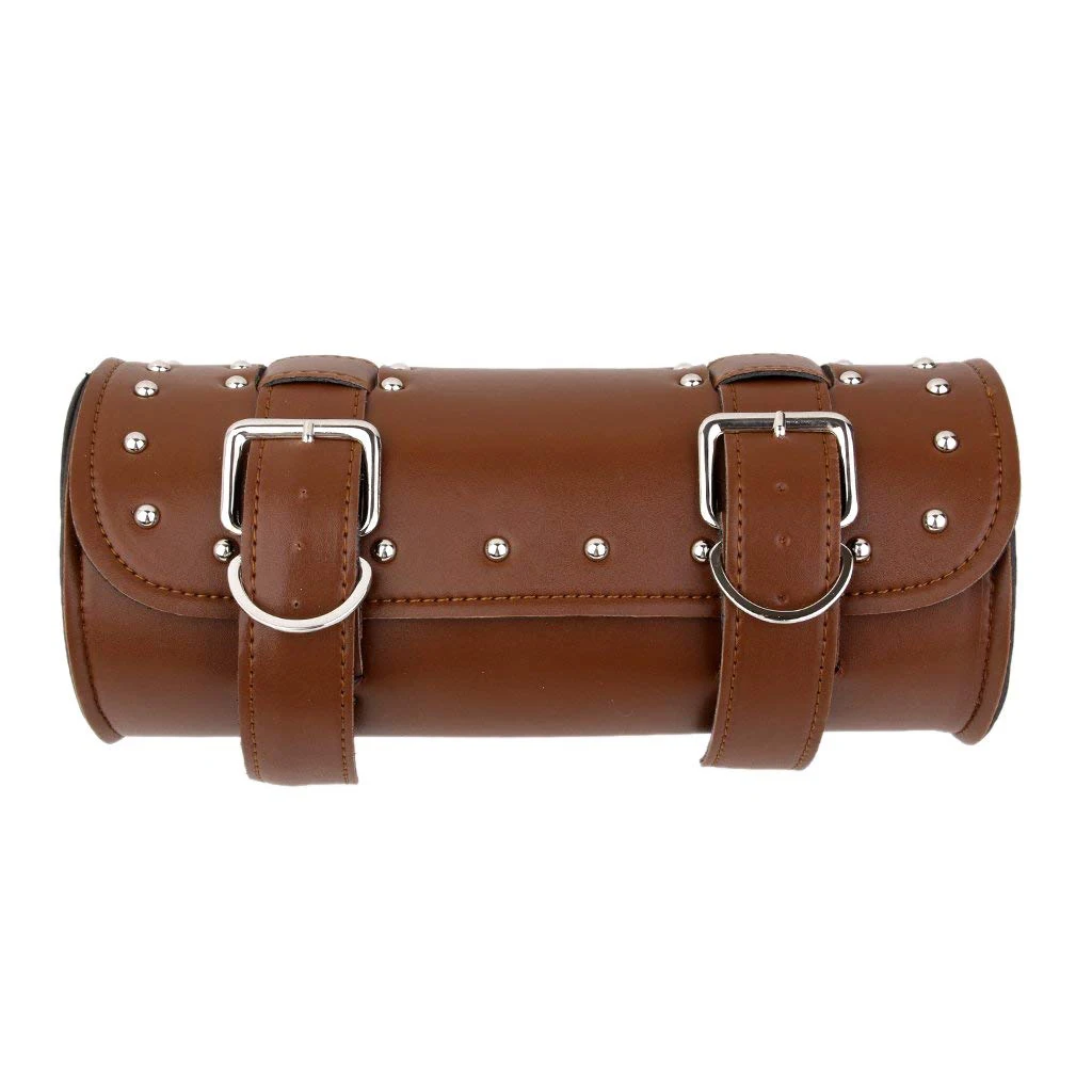 

Motorcycle Bag Pouch Saddle Bag PU Leather Luggage Tool Roll Bag Brown