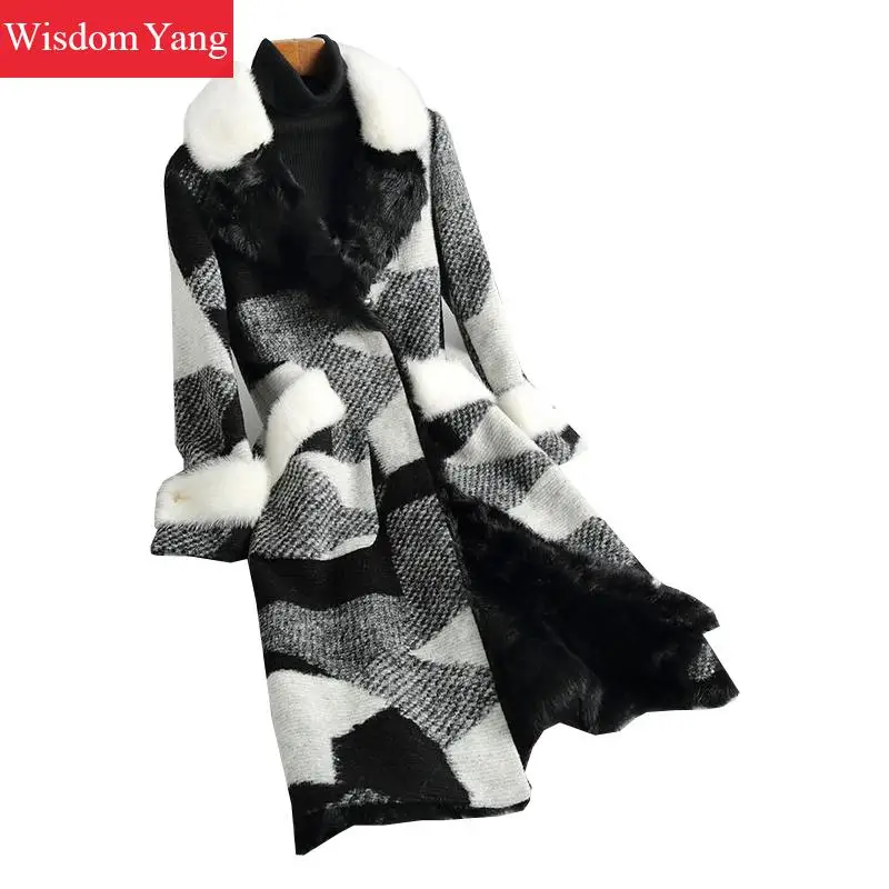 

Winter Warm Coat Black Sheep Wool Woman Coat Mink Fur Collar Overcoat Tweed Plaid Long Womens Oversize Sly Liner Coats Outerwear