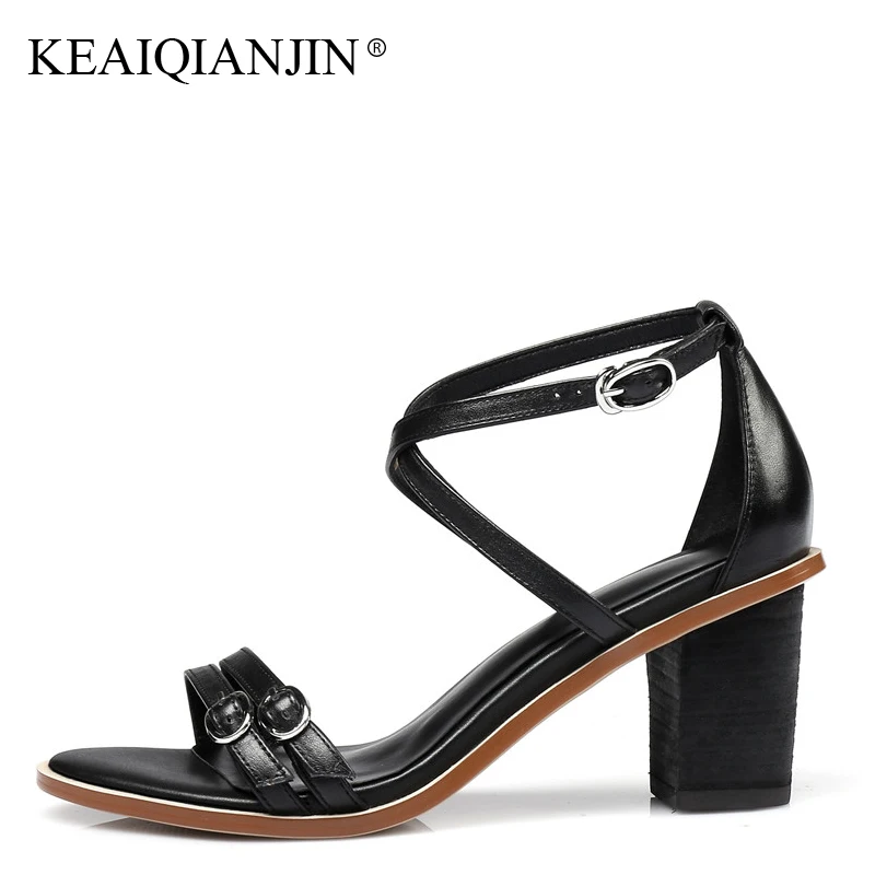

KEAIQIANJIN Woman Genuine Leather Sandals Black Beige Cow Leather Fashion Sexy High Heels Shoes Buckle Strap Sandals 2018