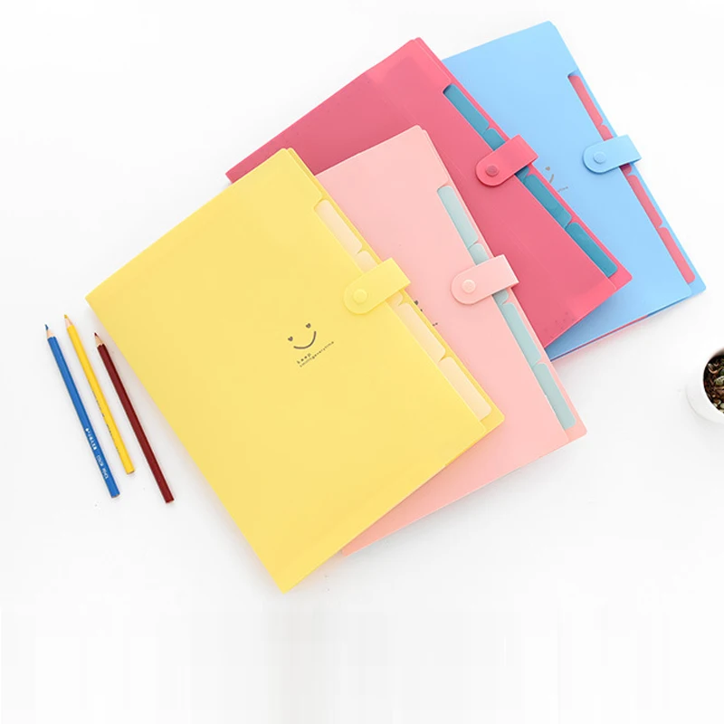 New 4 Color A4 Cute Smile Waterproof File Folder 5 Layers Document Bag