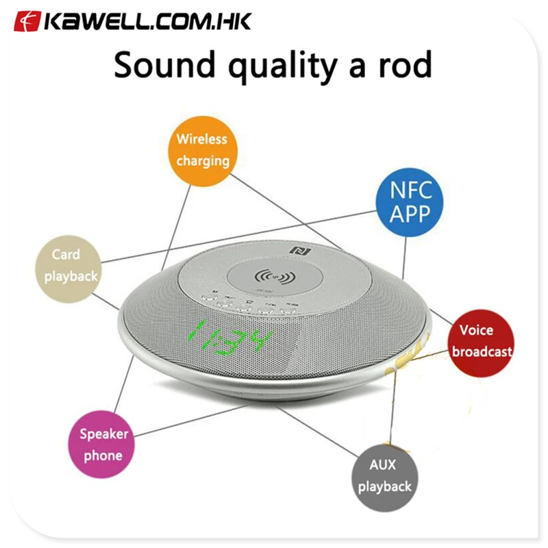 

100 pcs a lot Portable Bluetooth Speaker QI Wireless Charger AUX IN Stereo Sound Speaker w/ mic Support FM NFC Time Display