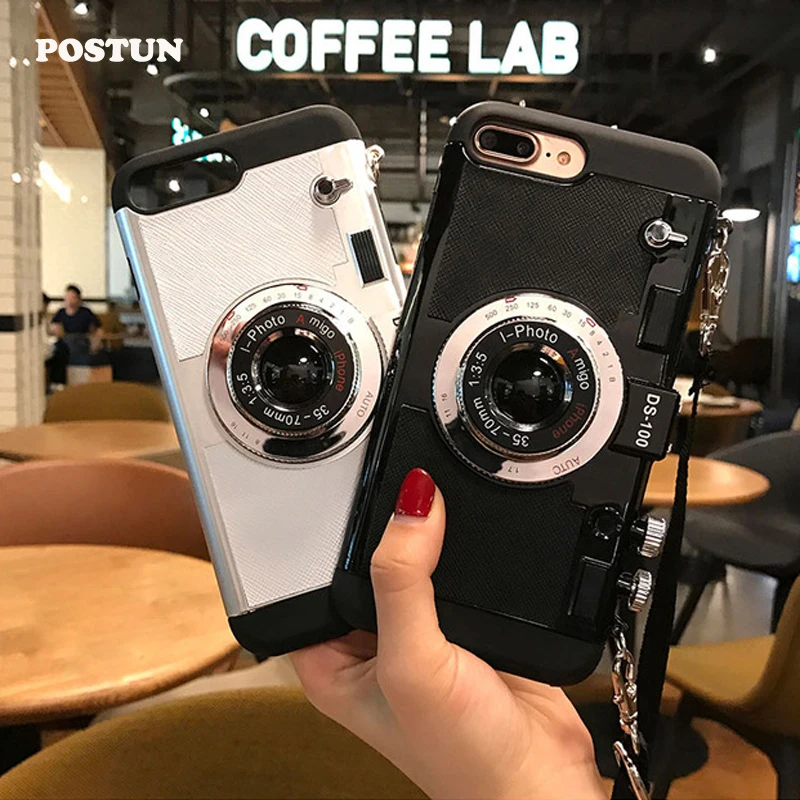 3D камера с длинным ремешком веревка задняя крышка для iphone 8 7 6s плюс чехлы