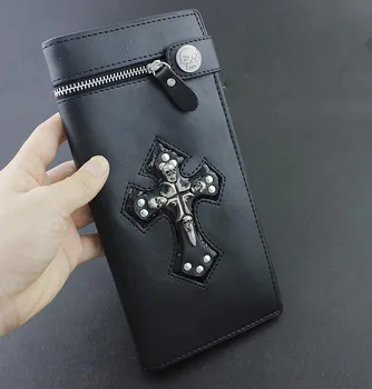 

Men's Punk Biker Skulls Cross ID Card Money Black Leather Zipper Wallet GQ001