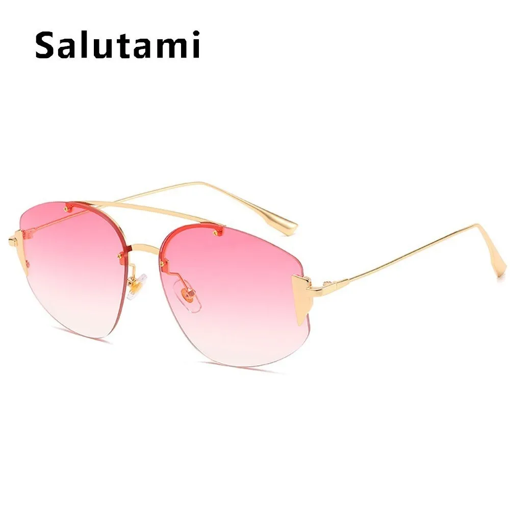 Круглые Солнцезащитные очки без оправы с двойным мостом для женщин, роскошные брендовые Винтажные Солнцезащитные очки из сплава, мужские ретро овальные Шикарные очки Oculos - Цвет линз: gold red