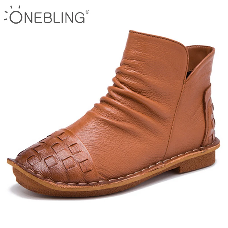 

ONEBLING 5 Colors Women Ankle Boots 2017 Autumn Fashion Woven Pleated Zipper Casual Low Heel Flat Shoes Genuine Leather Boots