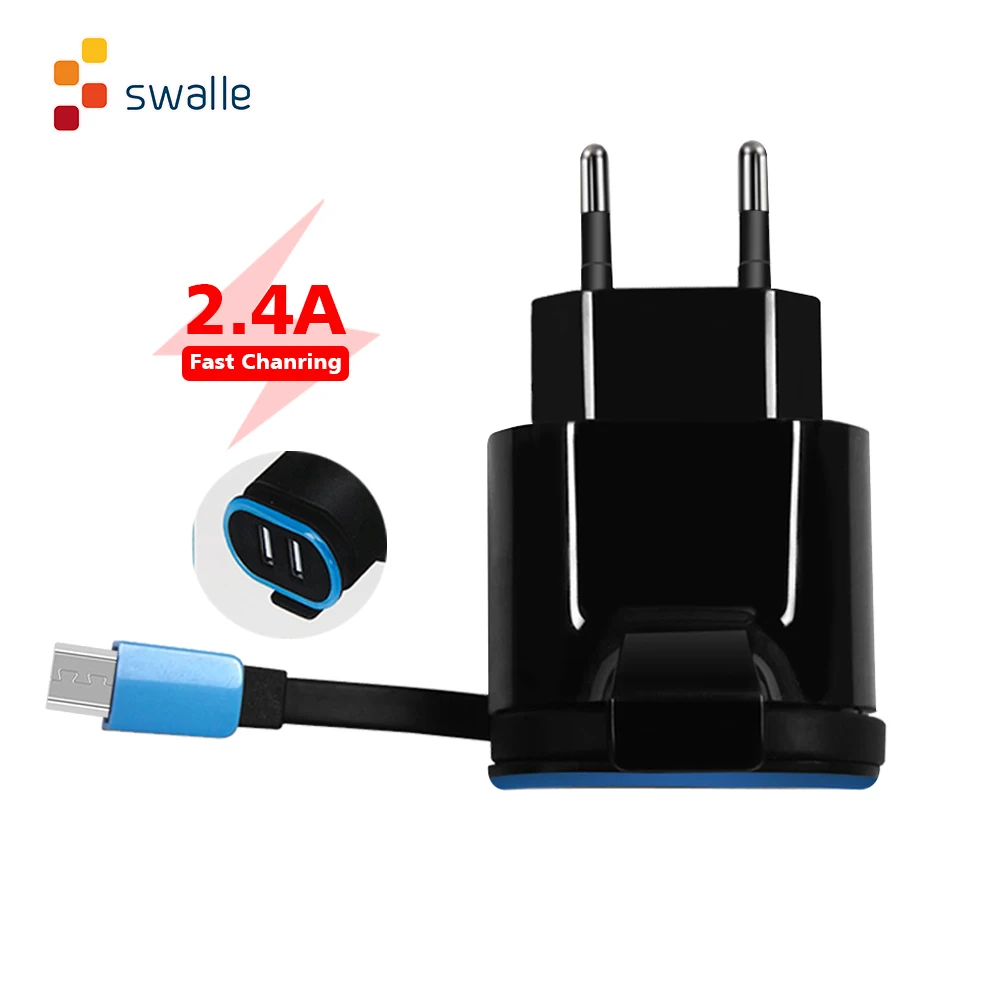 

Swalle 5V 2.4A Dual USB Mobile Phone EU Plug Charger with Extra Cable Travel Wall Charger Adapter For iPhone iPad Samsung Xiaomi