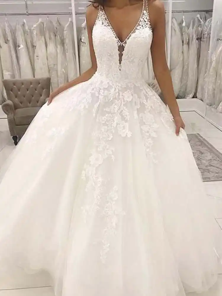 Lace Wedding Gowns Ball Gown V Neck Open Back White Lace Long
