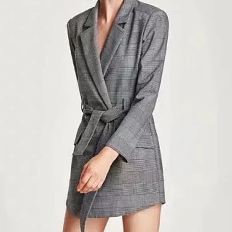 

Women Checked Print Sashes Casual Jumpsuit Autumn Turn-Down Collar Thin Belt Playsuits Double Breasted Blazer Plaid Bodysuits
