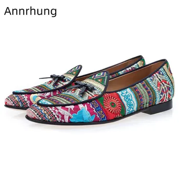 

Geometric Embroidery Men Shoes Bowknot Round Toe Loafers Unique Mixed Color Cross Stitch Flats Party Shoes Man