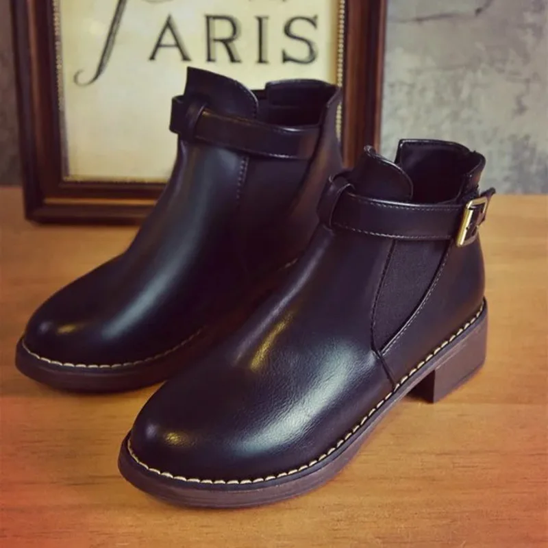 

Women Fashion PU Leather Short Boots New 2019 Solid Color Thick Round Toe Joker Belt Buckle Casual Large Size Boot Spring Autumn
