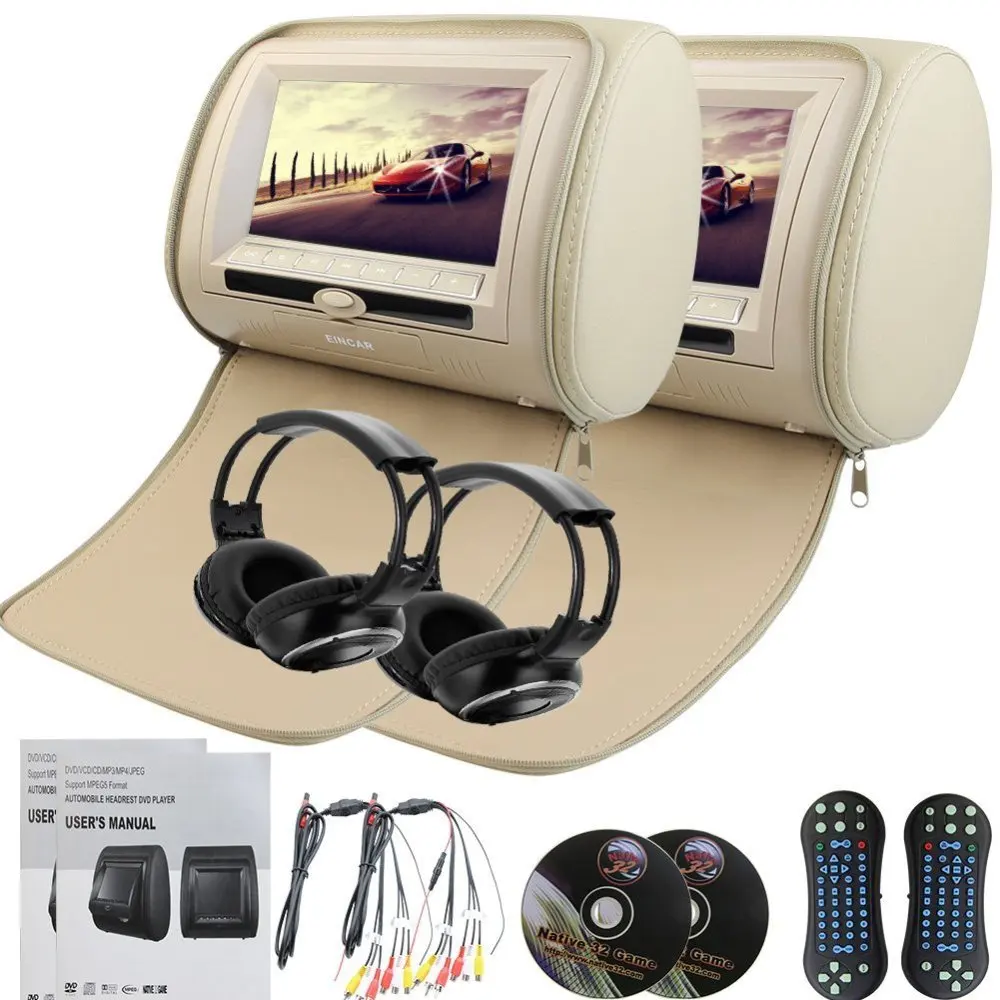 

7"Car Pillow Monitors Pair of Headrest Region Free DVD player Dual Twin Screens USB SD IR FM Transmitter 32 Bit Games+Headphones
