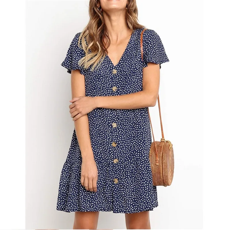 

Women Straight Ruffles Hem Mini Dress 2019 New Bohemian Summer Casual Loose Sexy V Neck Button Short Sleeve Print Beach Dresses