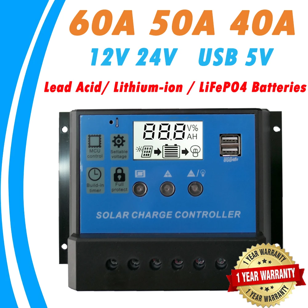 60A 50A 40A контроллер солнечного зарядного устройства 12V 24V LCD Солнечный регулятор PWM