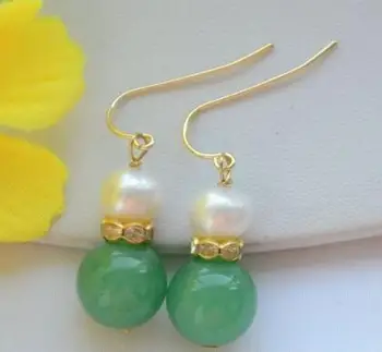 

free shipping>>>>noble jewelry Stunning green jade + white PEARL DANGLE EARRING14K/20 YELLOW GOLD hook