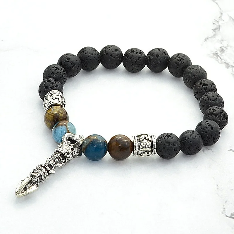 

Fashion Handmade Metal Lava Rock Stone Tiger Eye Beaded Charm Bracelet for Women Gift 8mm