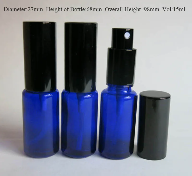 

wholesale 10pcs 15ML Blue Glass Packing Bottles, 15ml glass empty Essential Oil With Sprayer, Spray glass Bottle with black pump