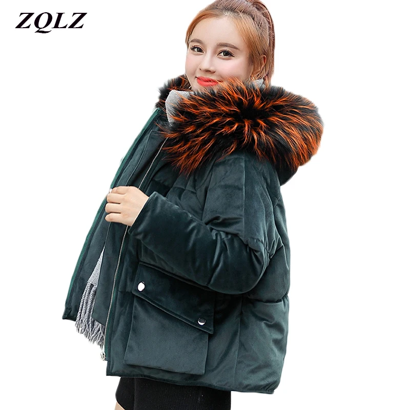

Zqlz Winer Thick Velour Cotton Padded Jacket Women Plus Size Slim Warm Female Coat Fashion Big Fur Collar Hooded Parka Mujer