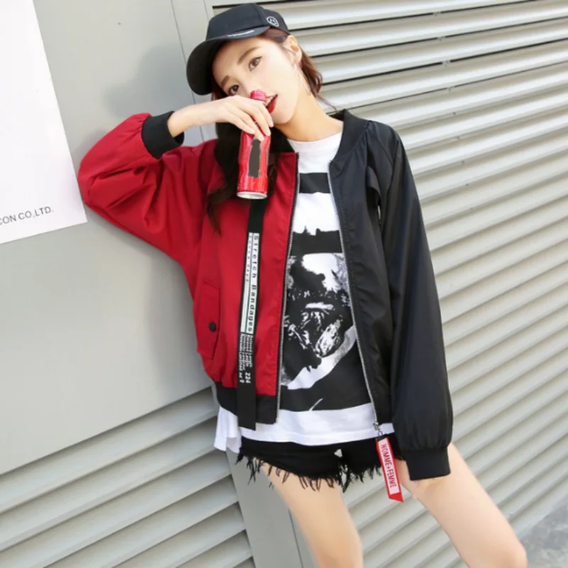 

Patchwork Casual Bomber Jacket Color Block Women Two Tone Patch Back Autumn Jackets 2018 New Letter Ribbon Zip Up Jacket