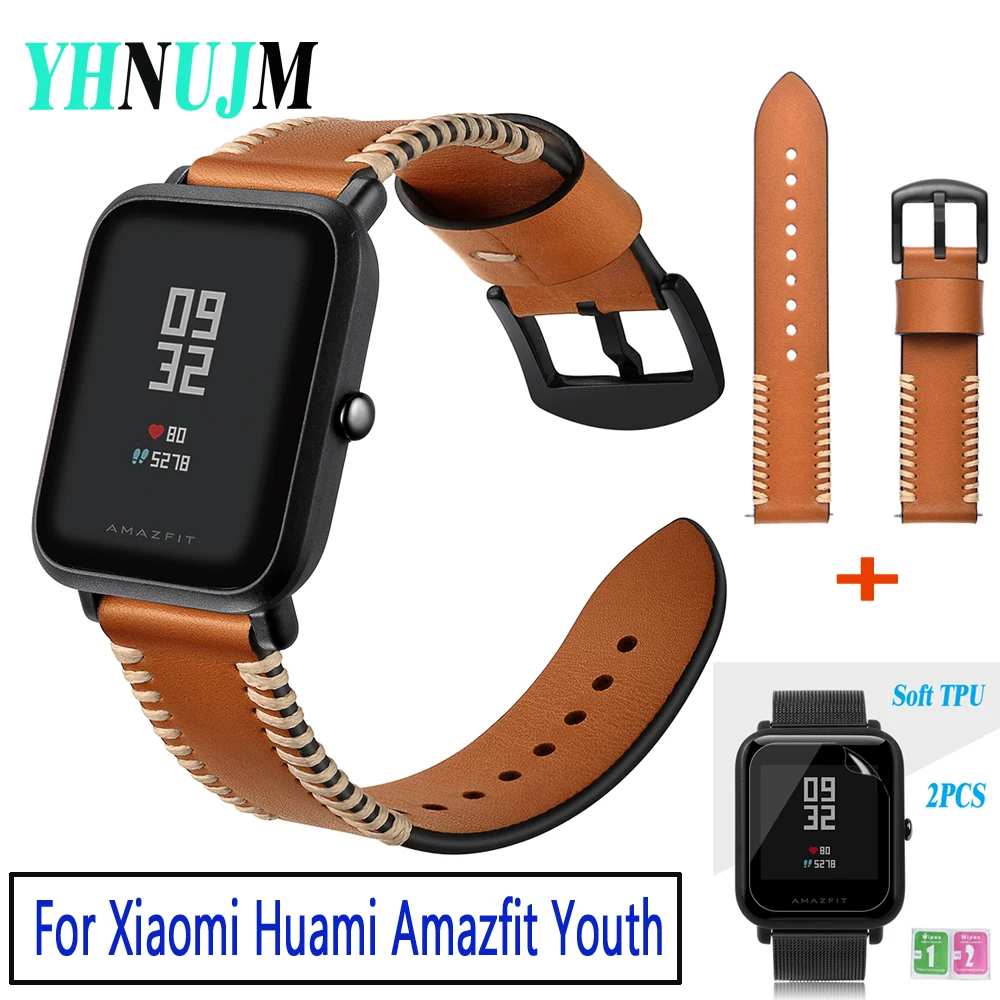 YHNUJM 20 мм ремешок из натуральной кожи для Xiaomi Huami Amazfit Bip Pace Lite Молодежные Смарт часы