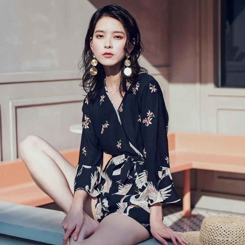 #0345 Summer Flare Sleeve Vintage Playsuits Women Chiffon Beach Bodies Bohemian Playsuits V Neck Retro Crane Printed Body Femme #0345 Summer Flare Sleeve Vintage Playsuits Women Chiffon Beach Bodies Bohemian Playsuits V Neck Retro Crane Printed Body Femme