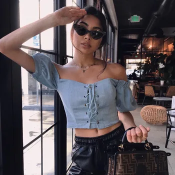 

2019 New Sexy Women Print Off Shoulder Tanks Drawstring Vest Crop Top Summer Slim Fit Blue Tanks Beach Women Sports Tank Tops