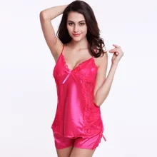 Лидер продаж! Летнее Новое Поступление Женское ночное белье сексуальное v-образный вырез Шелковый топ без рукавов и шорты пижамы 10 цветная Пижама Размер M~ XXL iT279