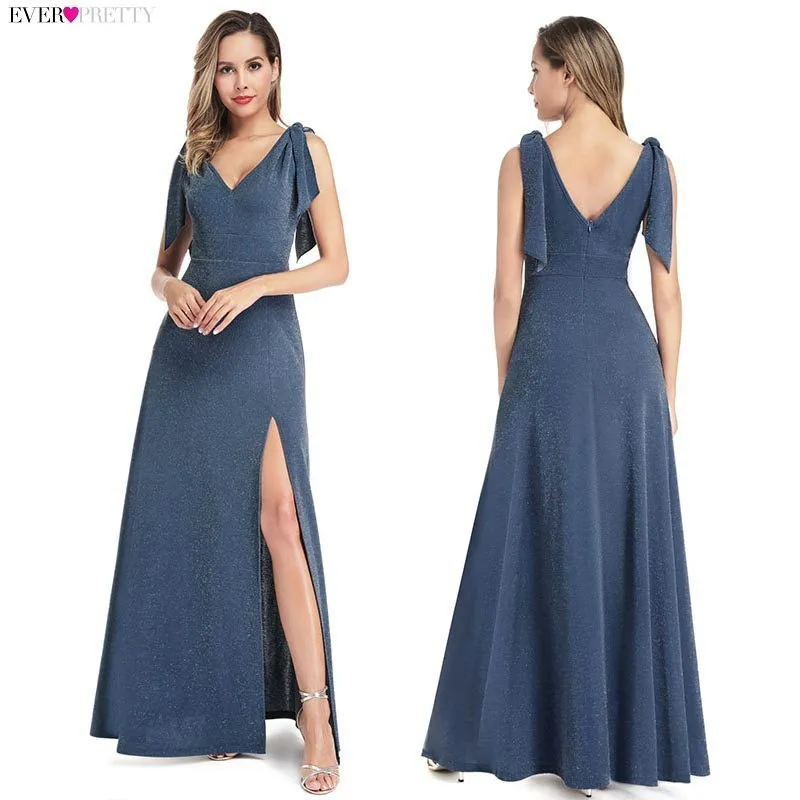 Plus Size Evening Dresses Long Ever Pretty New Dusty Blue Sleeveless V-neck Cheap Summer Formal Gowns 2019 Robe Soiree Dubai