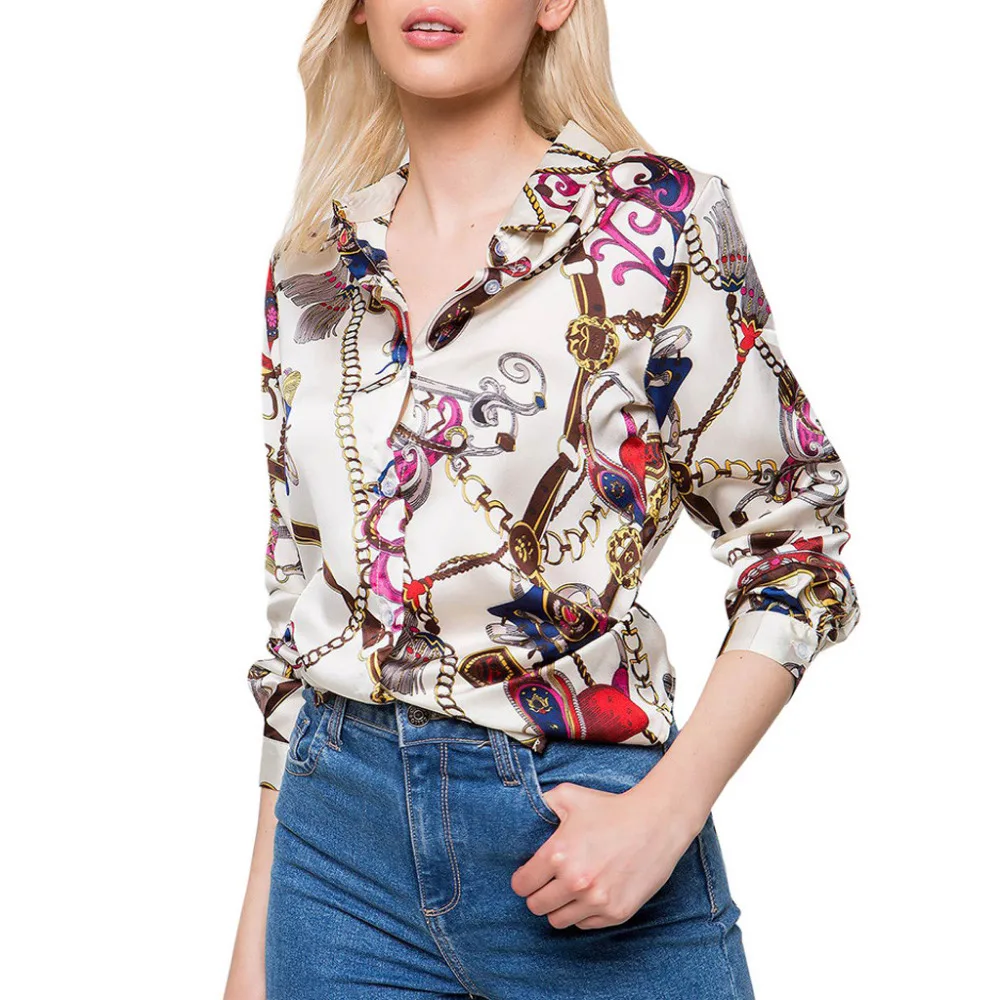 2019 Демисезонный Модные женские с длинным рукавом цепи печати Дамы Повседневная рубашка Топы с v-образным вырезом блузка элегантная женская