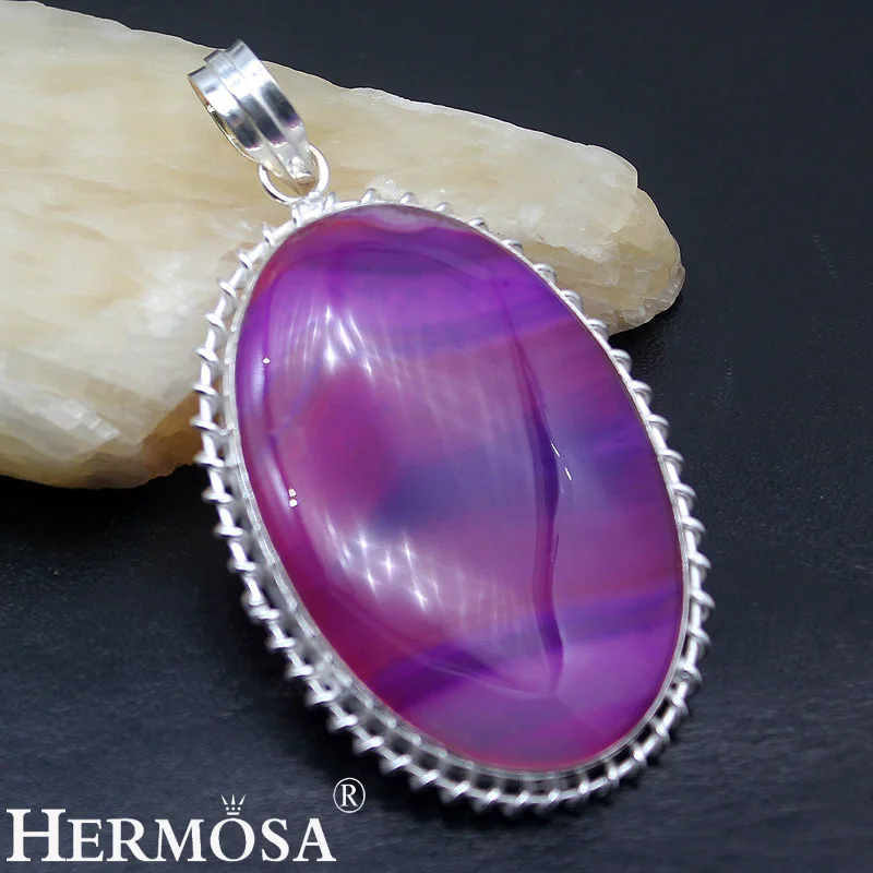 Hermosa 925 пробы Серебряное ожерелье с подвеской Пасьянс огромный фиолетовый Ботсвана агати Подвески Ювелирные изделия Подарки 70 мм NY866