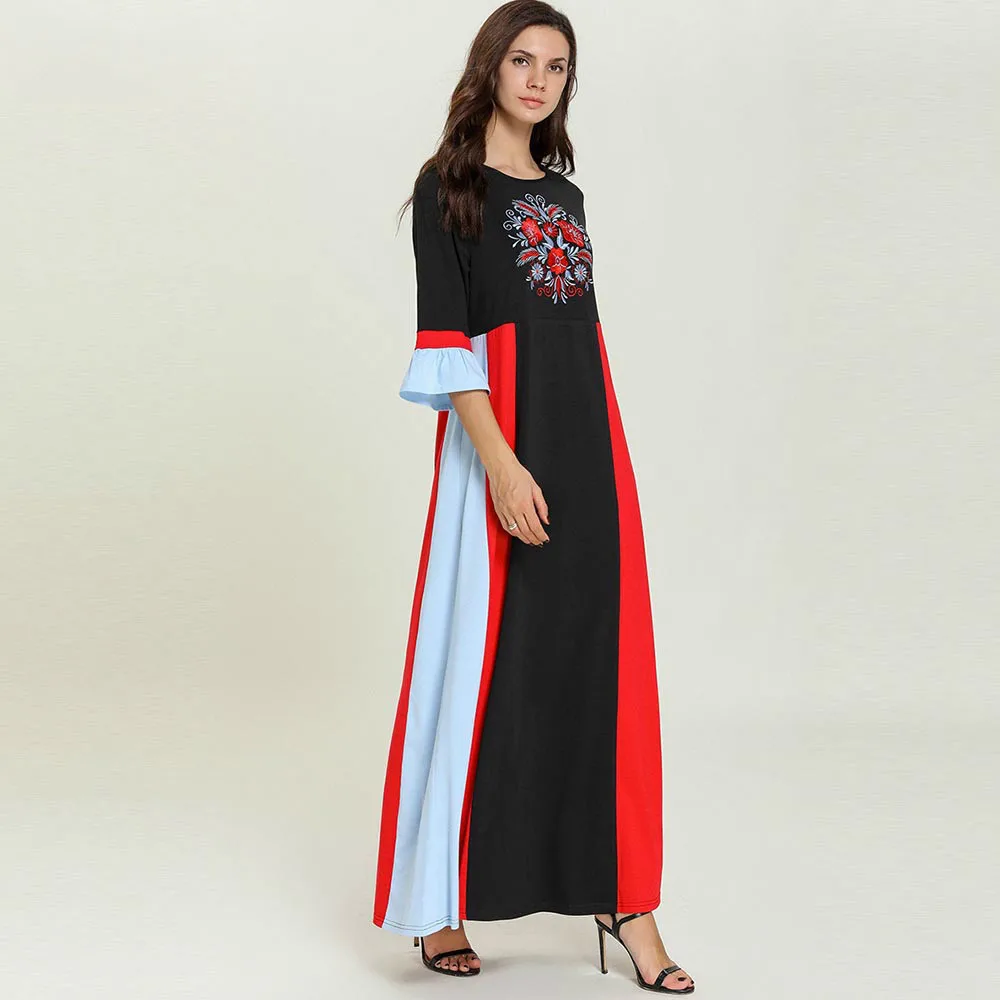 

Short Sleeve Muslim Summer Hit Color Embroidered Abaya Ramadan Dubai Maxi Long Dress Ethnic Islamic Clothing Kaftan Women New