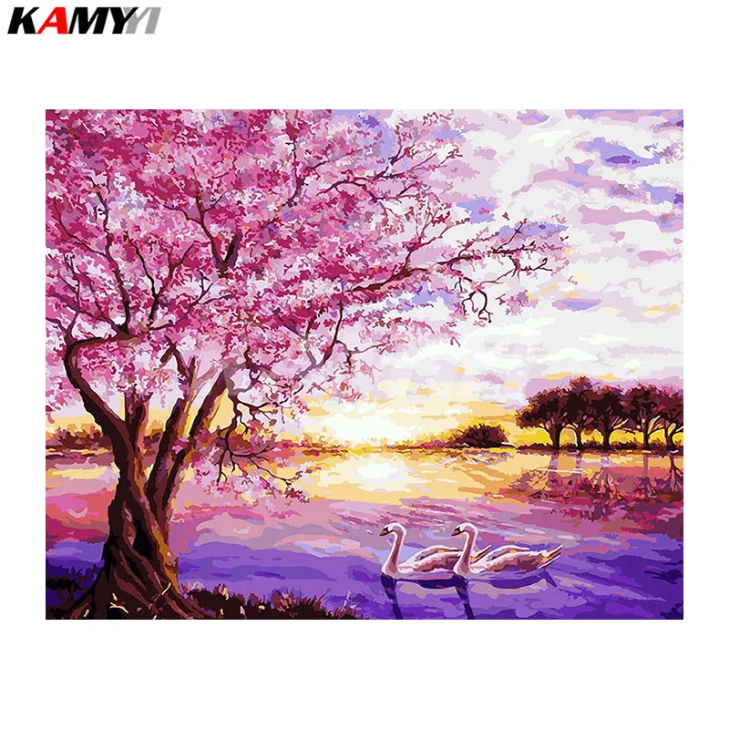 Landscape diamond embroidery sakura lake swan DIY Diamond Painting Cross Stitch kits Diamond Mosaic bead pattern puzzle picture_