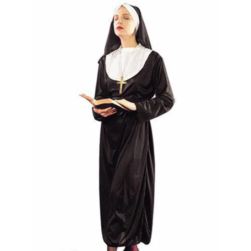 Adult Women Sexy Halloween Nun Costume Black Female Halloween Christmas Dress Party Cosplay Priestess Long Nun Costume