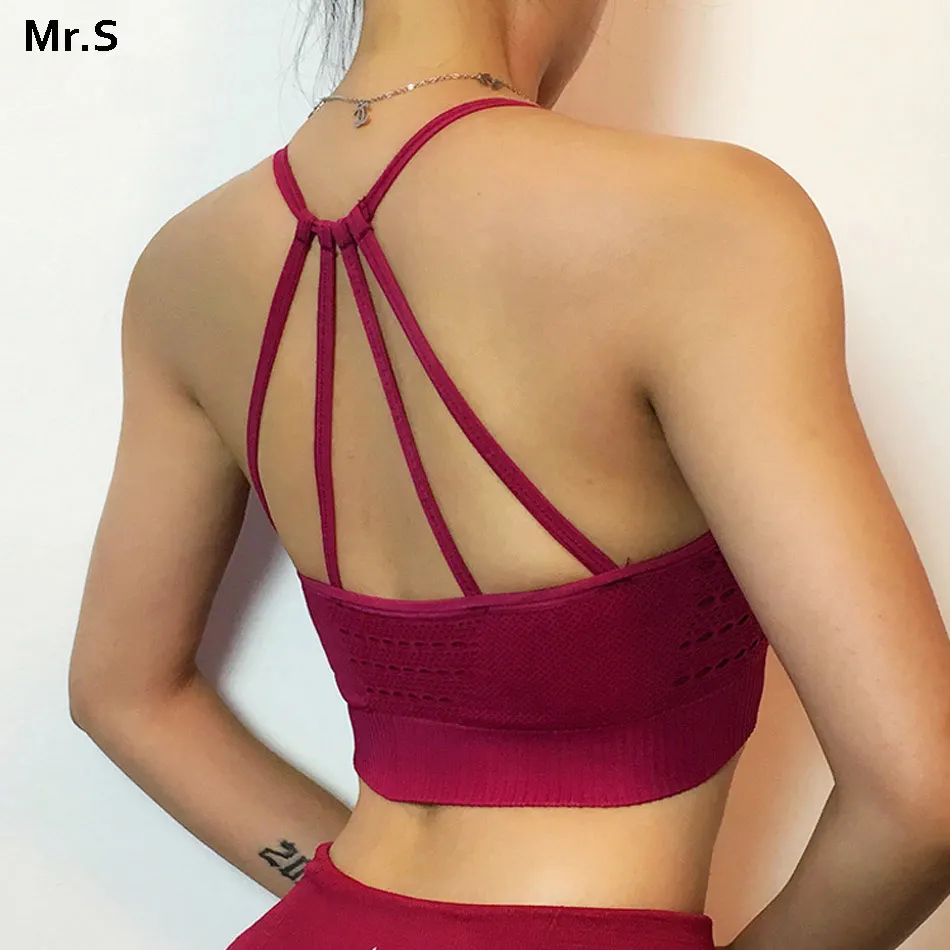 Women's energy seamless sports bra strappy padded yoga bra hollow out adjustable gym bra push up fitness top cross crop top