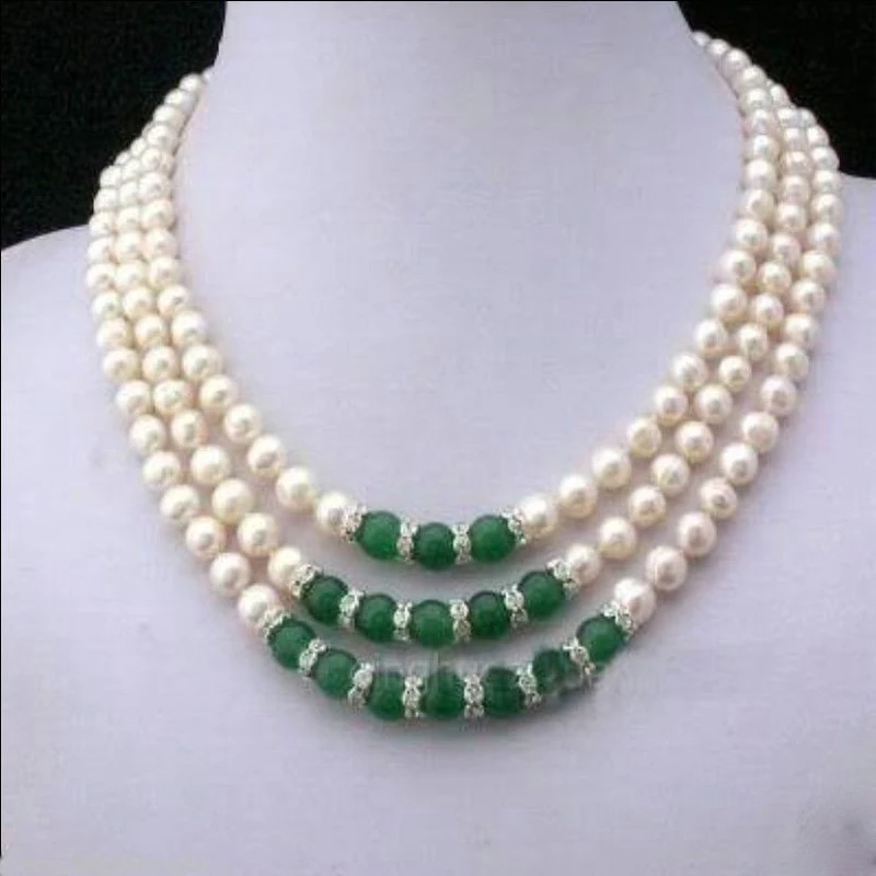 

Stunning 3Rows 7-8MM White Akoya Pearl and 8mm Green Necklace 17"-19" T5564