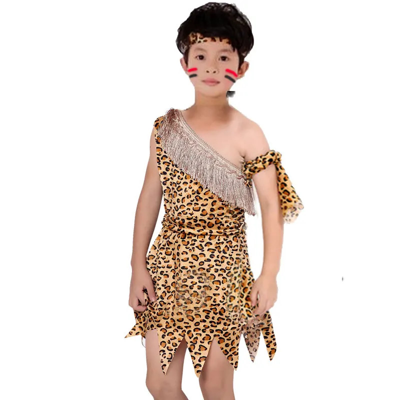 

Children Boy Savage Caveman Costumes Boy Leopard African Tribal Hunter Clothing For Girl Performance Costumes Cosplay Dress