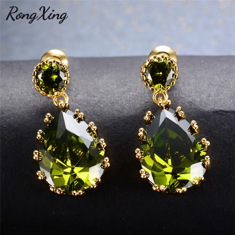 

RongXing Shining Olive Green Zircon Water Drop Earrings for Women Yellow Gold Filled August Birthstone Dangle Earrings Ear0054