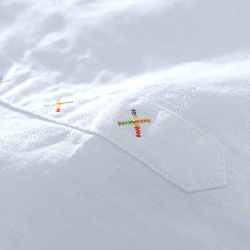 Летняя мужская модная брендовая японская хлопковая льняная тонкая белая рубашка в китайском стиле с коротким рукавом и стоячим воротником, мужские повседневные пляжные рубашки