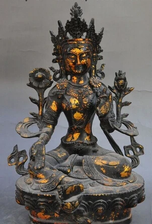 

S07178 11"old Tibet Bronze gilt green tara Kwan-Yin Guan Yin Bodhisattva buddha statue