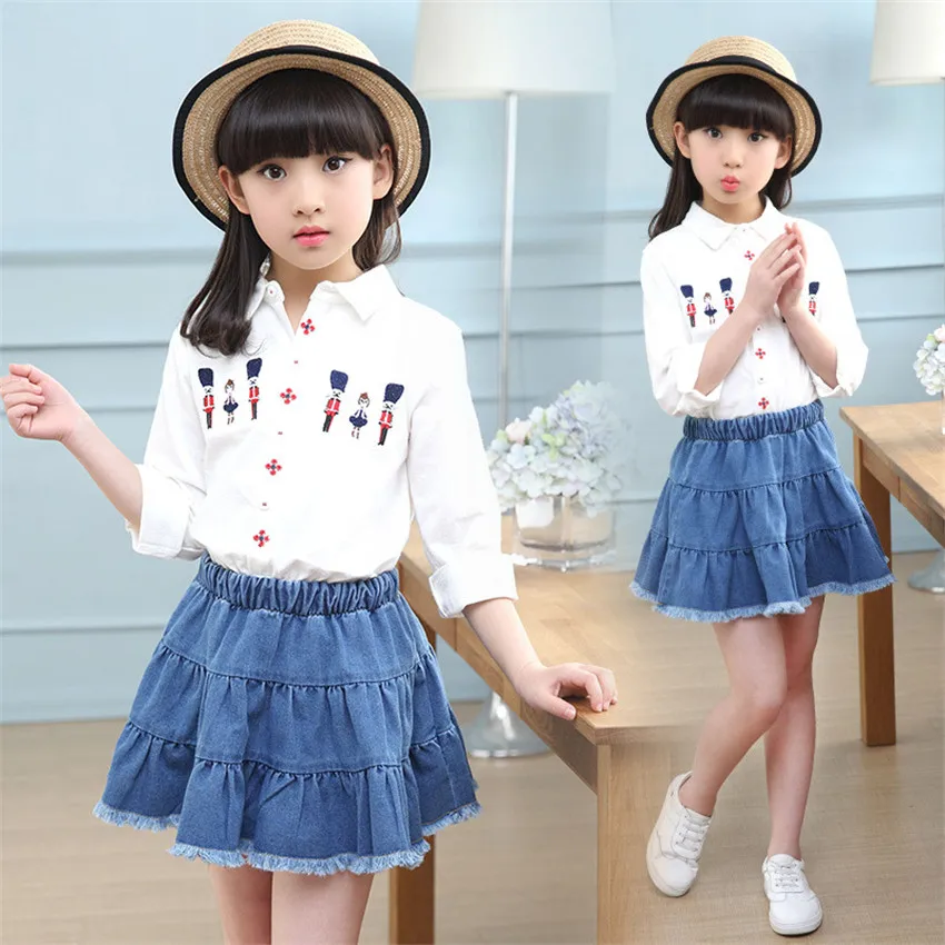 3 12 y children girls clothes denim skirt and top sets long sleeve